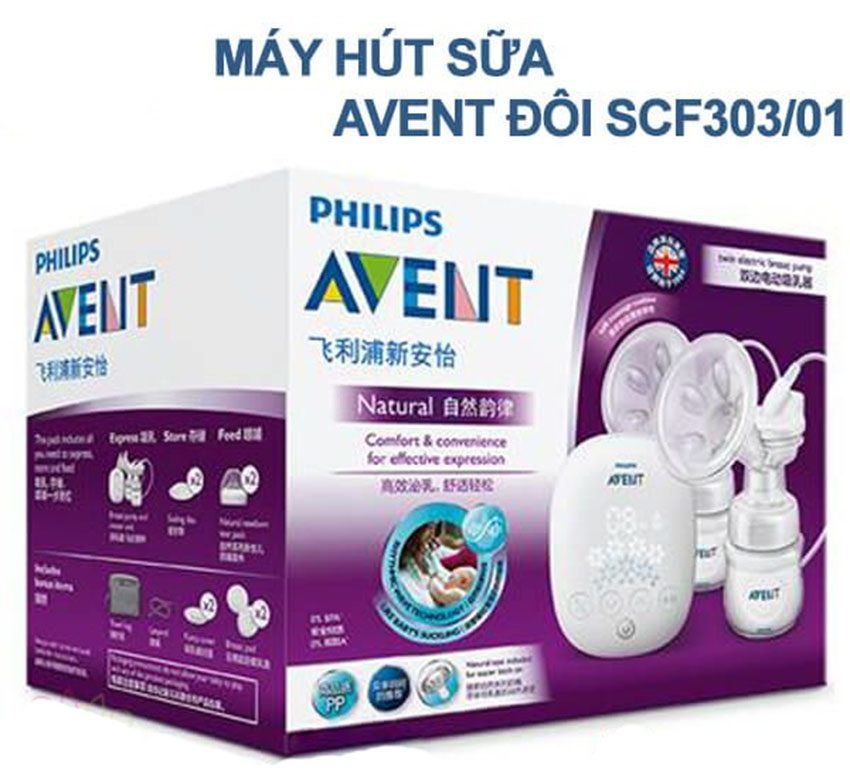 Hộp đóng gói của máy hút sữa bằng điện đôi Philips Avent SCF303/01