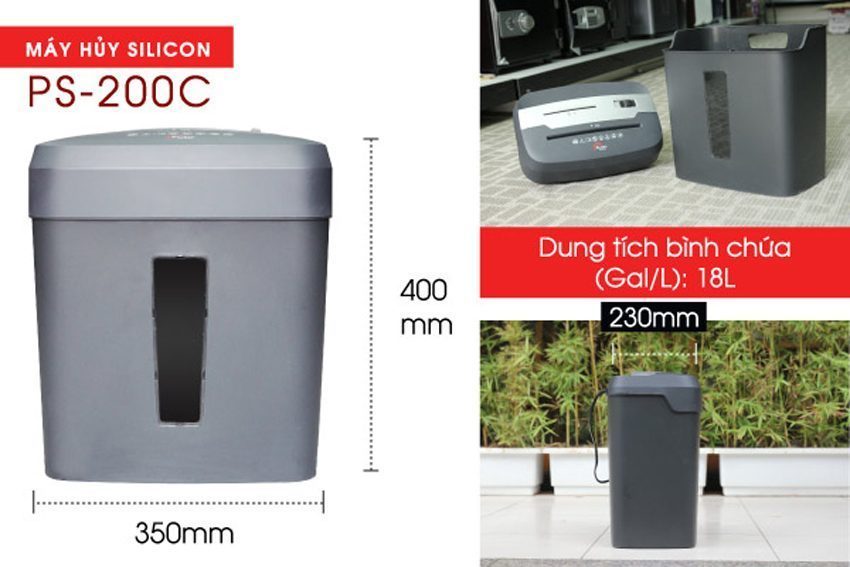 Chi tiết về kích thước của may hủy tài liệu Silicon PS-200C