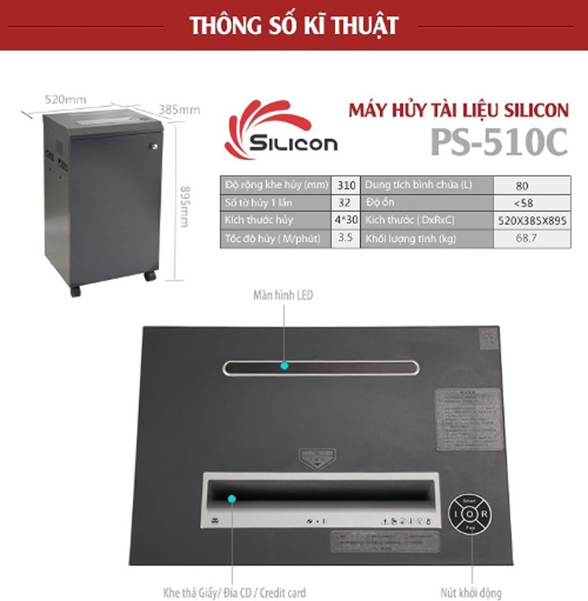 Máy hủy công nghiệp Silicon PS-510C - Hàng chính hãng