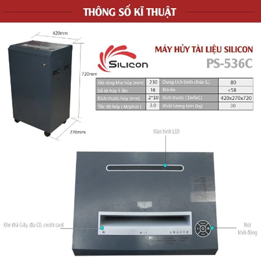 Thông số kĩ thuật của máy hủy tài liệu Silicon PS-536C