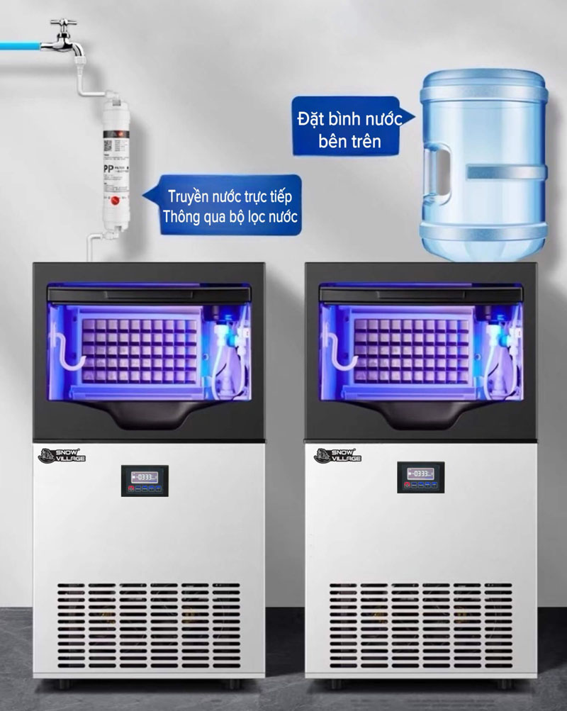 Làm đá theo 2 cách: đặt bình nước hoặc bơm nước trực tiếp