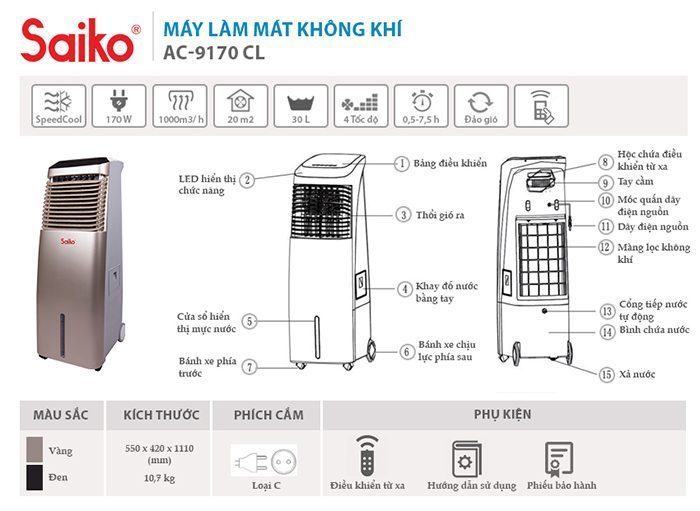 Quạt làm mát không khí Saiko AC-9170CL