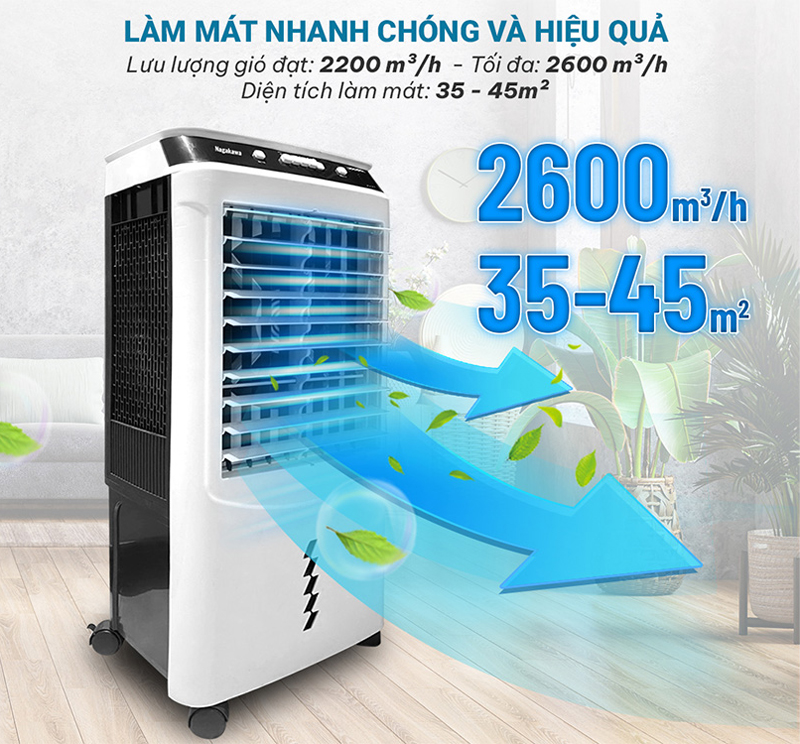 Công suất mạnh mẽ 75W, lưu lượng gió 2200m³/h phù hợp diện tích 35-45m2