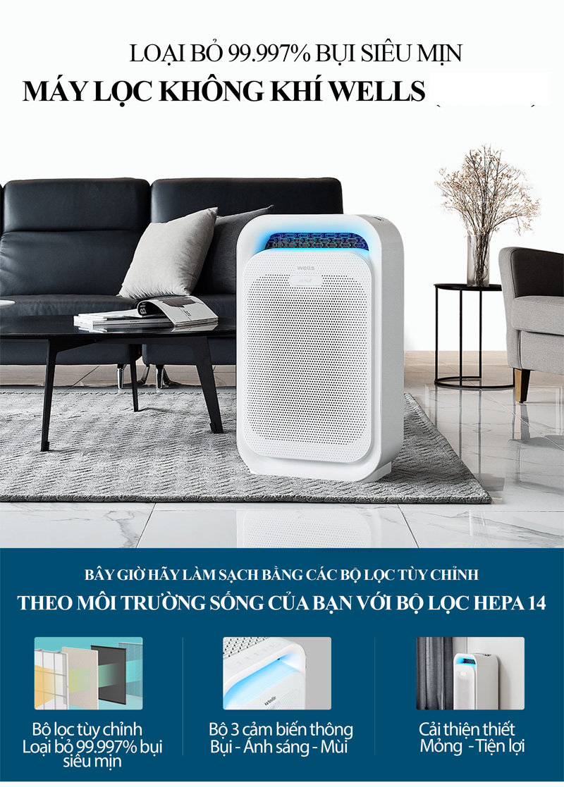 Máy lọc không khí Wells Jet Blue AL 315 AWA loại bỏ 99,9% chất gây hại sức khỏe