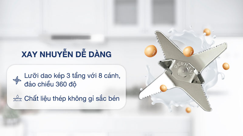 Lưỡi dao 8 cánh bằng thép không gỉ sắc bén, hạn chế ăn mòn, xay nguyên liệu nhanh chóng, tiết kiệm điện