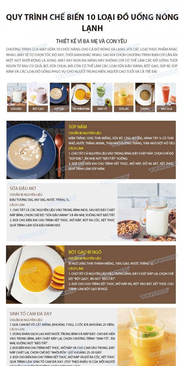 Máy làm sữa hạt đa năng Tiross TS9821 có thiết kế tiên tiến với 10 chức năng cho cả đồ nóng và đồ lạnh