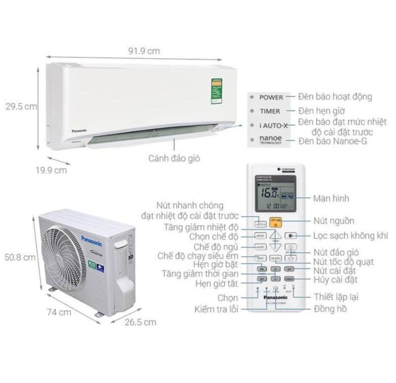 Kích thước và bảng điều khiển của Panasonic CS/CU-XPU18XKH-8B