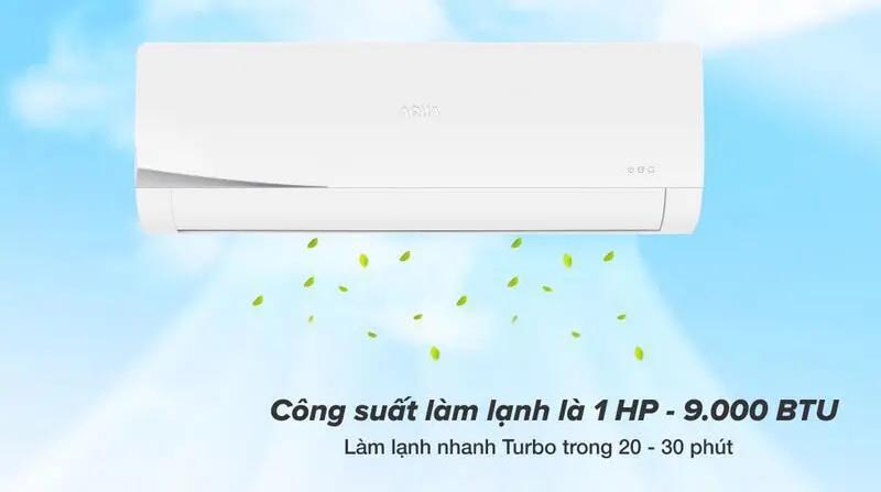 Máy có công suất làm lạnh 9000BTU (1HP) phù hợp phòng nhỏ có diện tích dưới 15m2