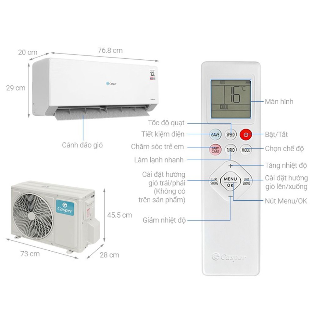 Máy lạnh 1 chiều Casper inverter 1.5 HP QC-12IU36A - Hàng chính hãng
