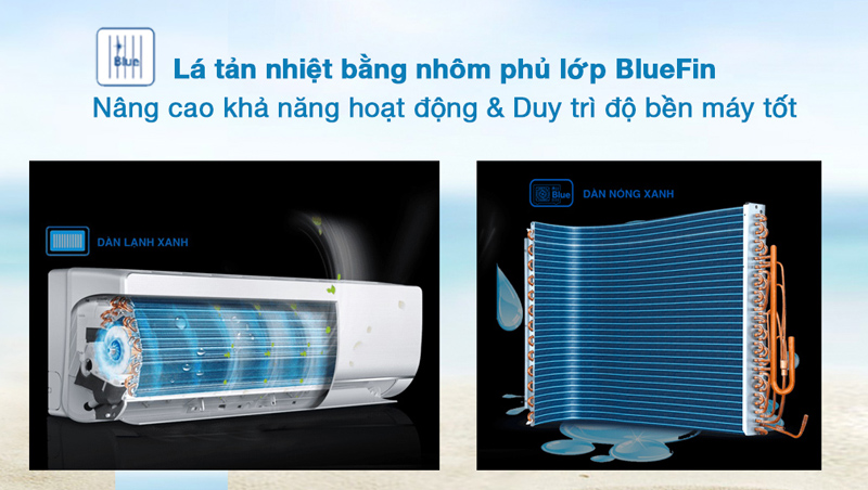 Lá tản nhiệt làm bằng chất liệu nhôm và có phủ lớp chống ăn mòn BlueFin