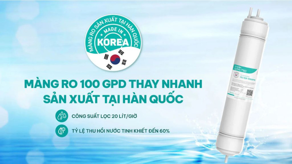 Màng RO 100 GPD sản xuất tại Hàn Quốc, loại bỏ 99,99% virus, vi khuẩn,