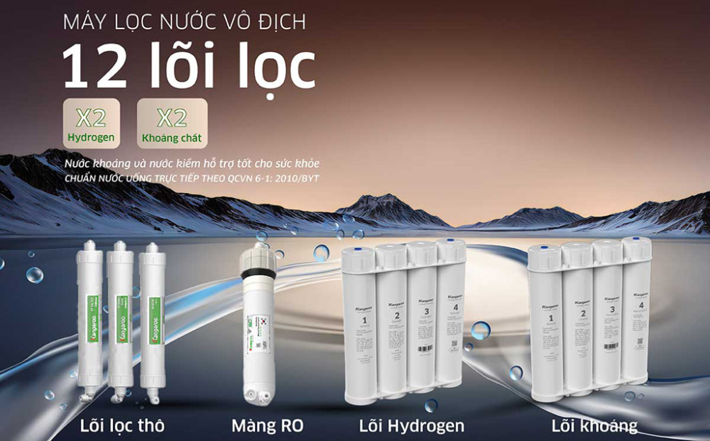 Máy lọc nước RO nóng lạnh Hydrogen ion kiềm Kangaroo KGHC12A2 - Hàng chính hãng