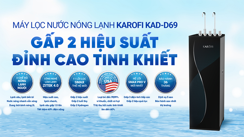Máy lọc nước nóng lạnh Karofi KAD-D69 công nghệ Zitek làm lạnh và sâu