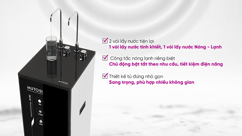 Thiết kế 2 vòi lấy nước bằng inox, có công tắc riêng, có chức năng khóa vòi nước nóng