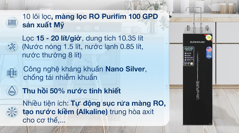 Máy lọc nước RO nóng nguội lạnh Sunhouse UltraPURE SHA76210KL - Hàng chính hãng