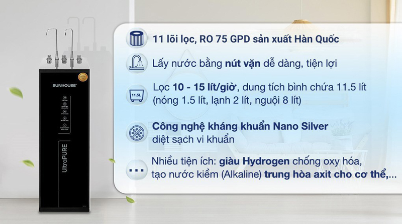 Máy lọc nước RO nóng nguội lạnh Sunhouse UltraPURE SHA76623KL - Hàng chính hãng