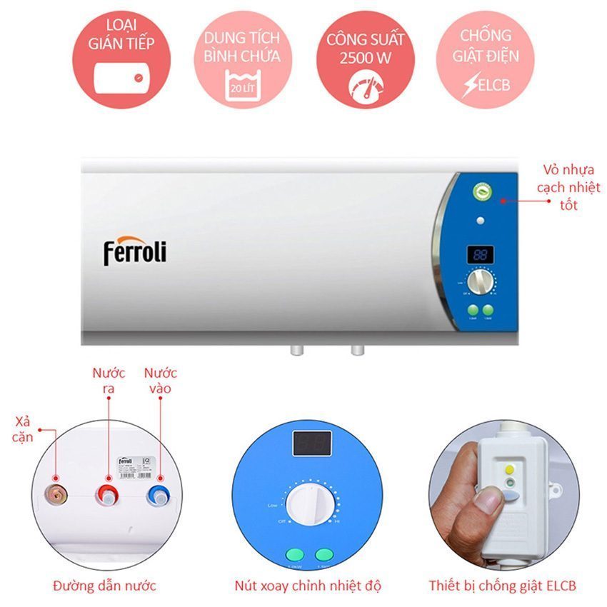 Chi tiết của máy nước nóng gián tiếp Ferroli Verdi 30L AE