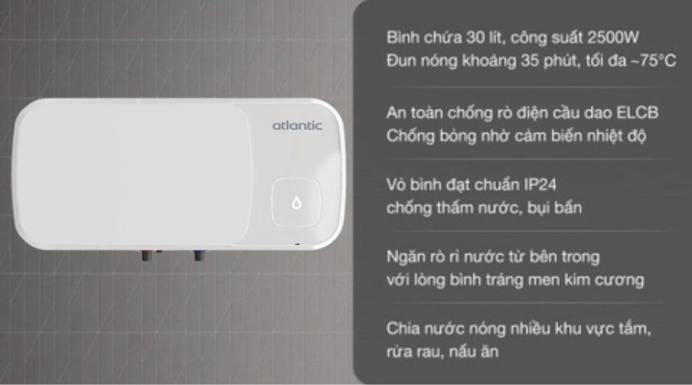 Máy nước nóng gián tiếp Atlantic 30 lít SWH 30H M-6 AMI SLIM - Hàng chính hãng