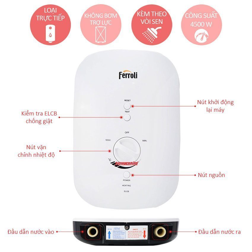 Chi tiết của máy nước nóng trực tiếp Ferroli DIVO SSN 4.5S 