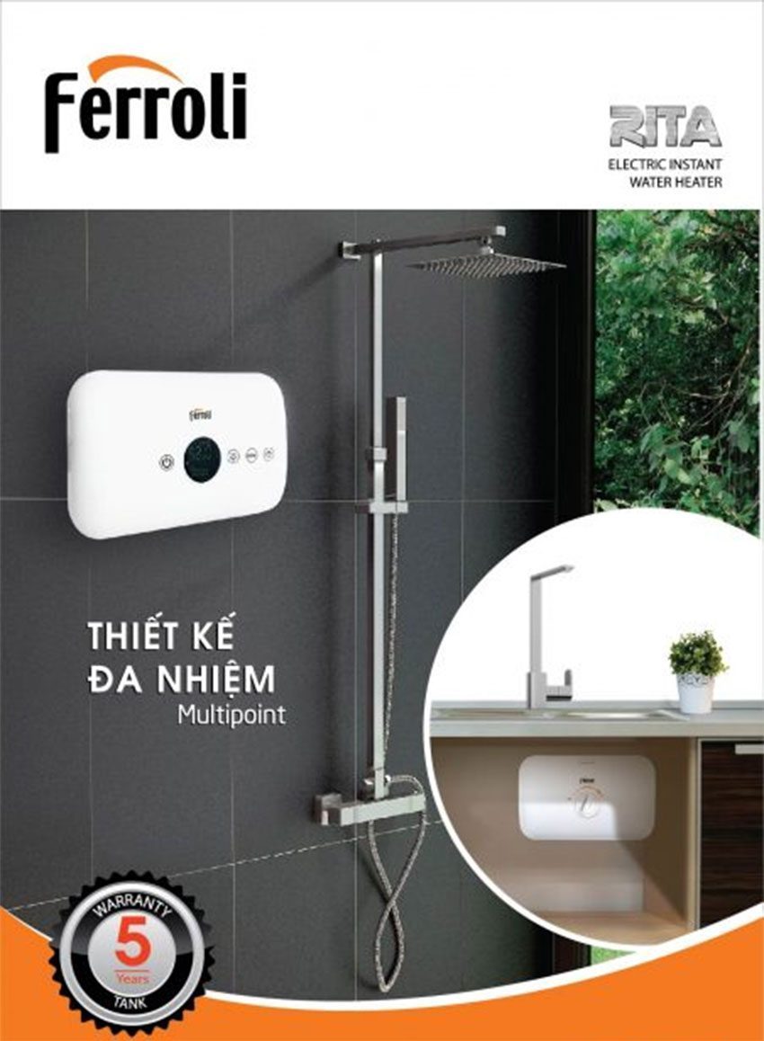 Bình tắm nước nóng trực tiếp Ferroli RITA FS-4.5 DE với thiết kế gọn nhẹ, dễ dàng lắp đặt