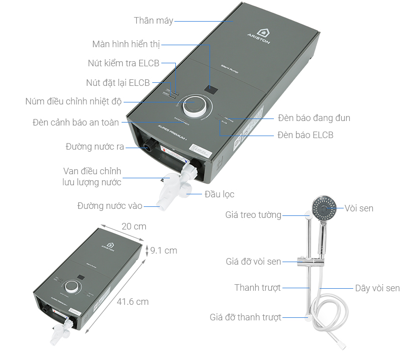 Cấu tạo của máy nước nóng trực tiếp Ariston AURES PREMIUM +4.5 (không bơm)
