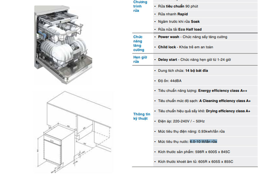 Máy rửa bát độc lập Fermi 14 bộ FW002 - Hàng chính hãng
