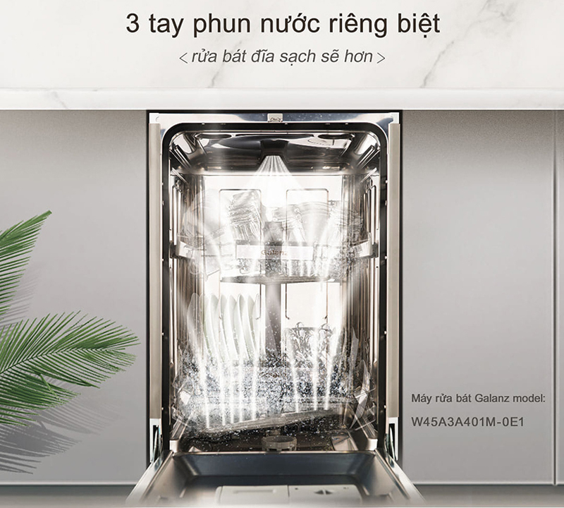 Có 3 tay phun nước riêng biệt giúp các tia nước được phân bố đều, làm sạch vượt trội