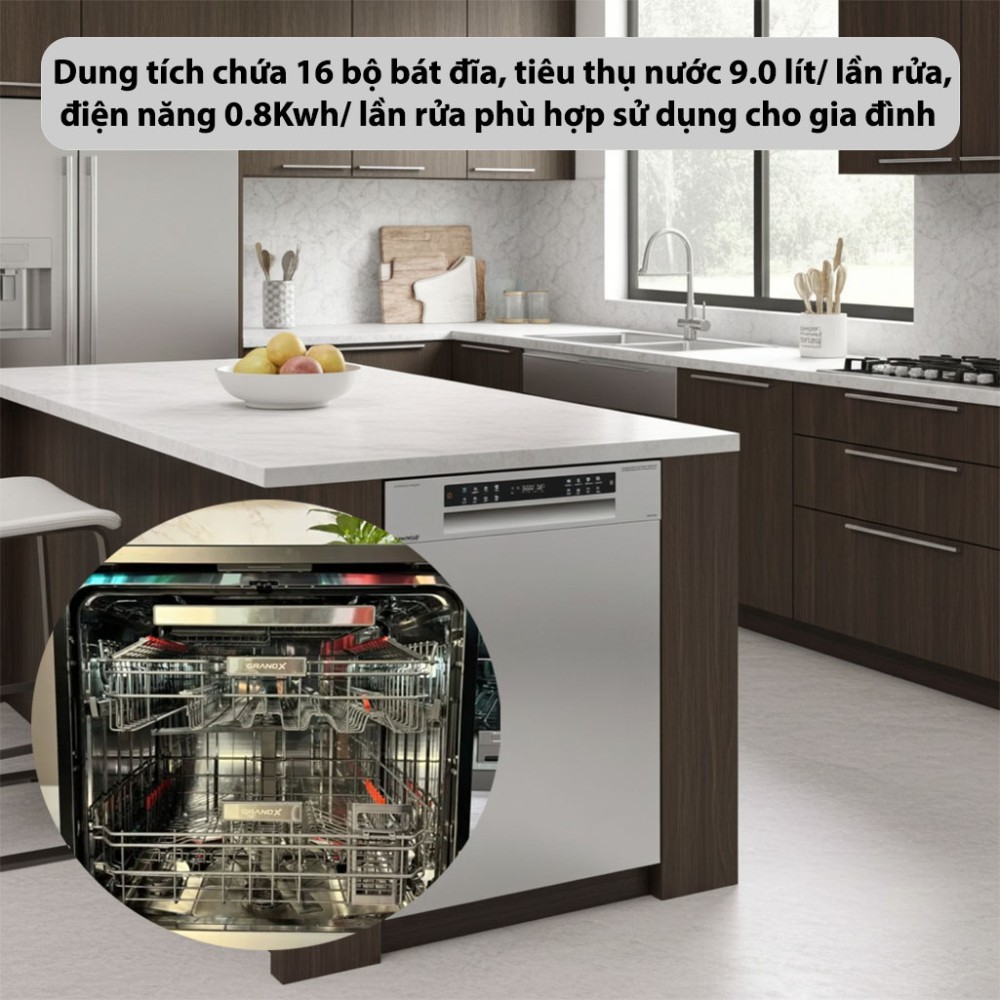 Máy rửa bát bán âm tủ GrandX SMI8GX82 khoang chứa rộng cho sức chứa 16 bộ 