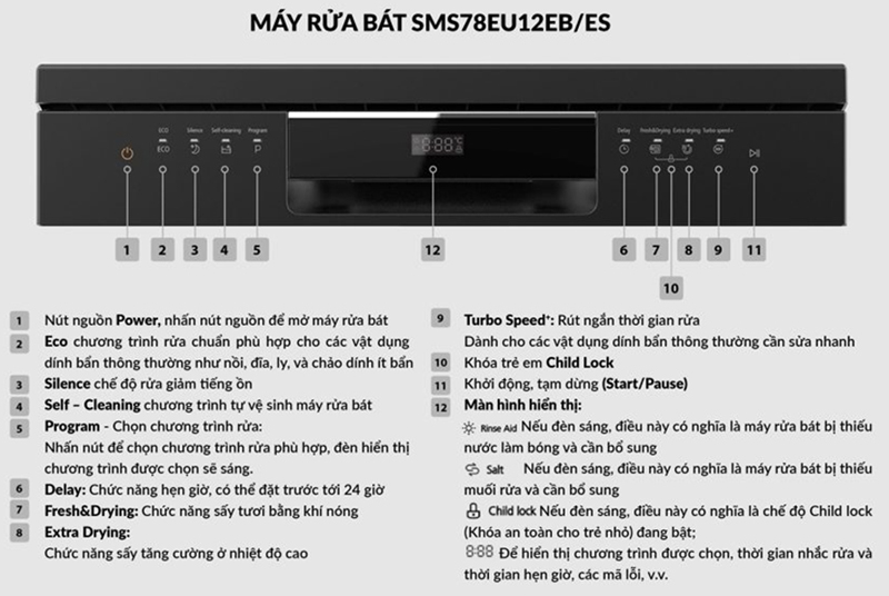 Máy rửa bát Eurosun SMS78EU12EB - Hàng chính hãng