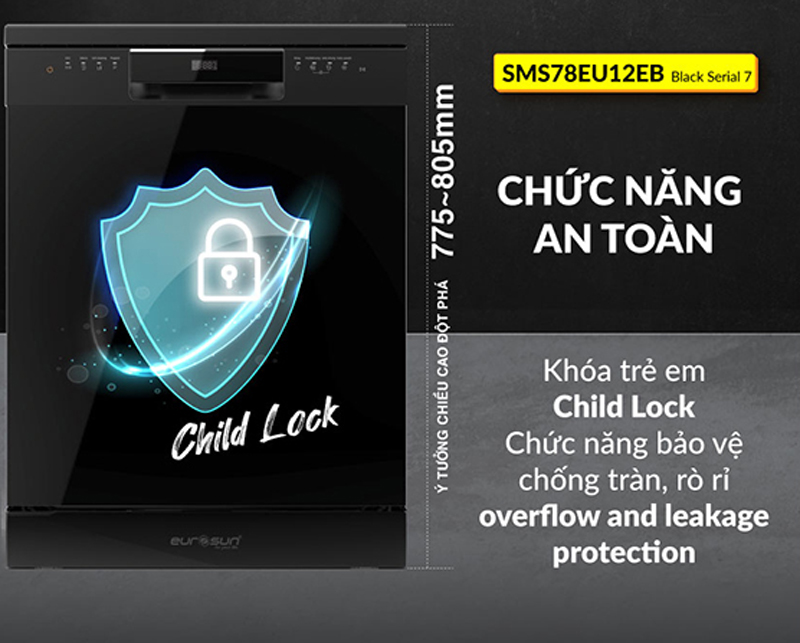 Máy rửa bát Eurosun SMS78EU12EB - Hàng chính hãng