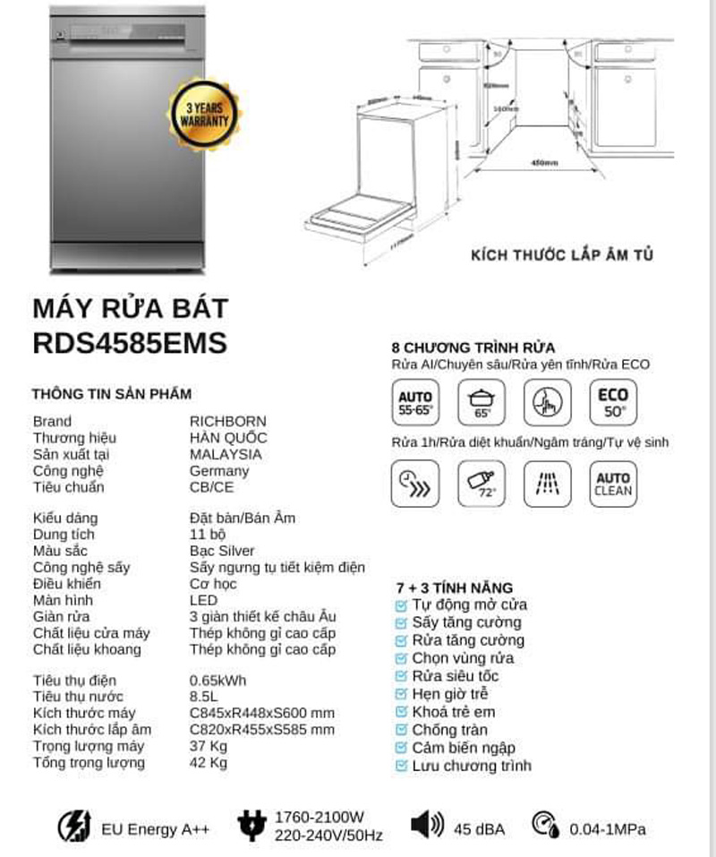 Máy rửa bát Richborn RDS4585EMS - Hàng chính hãng