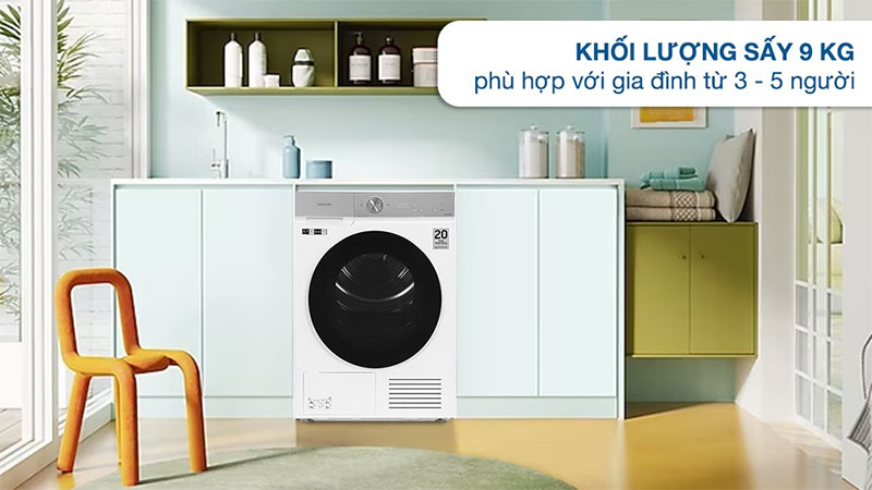 Khối lượng sấy của Máy sấy bơm nhiệt Bespoke AI 9kg Samsung DV90BB9440GH/SV