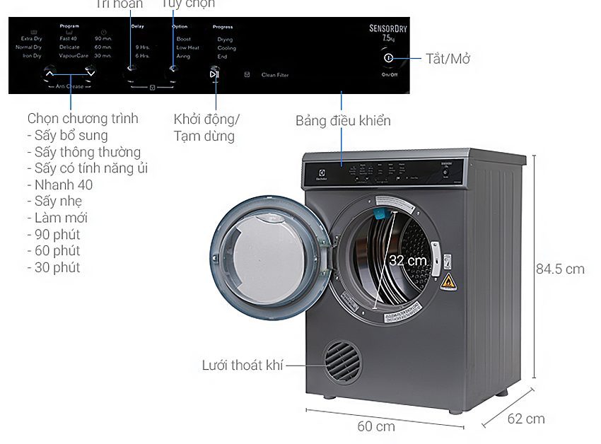 Máy sấy cửa trước Electrolux EDS-7552S - Hàng chính hãng