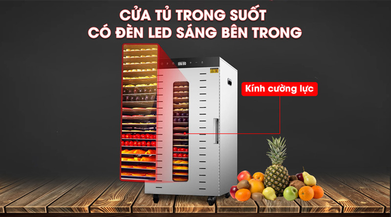  Cửa làm bằng kính cường lực trong suốt, dễ dàng quan sát thực phẩm sấy bên trong