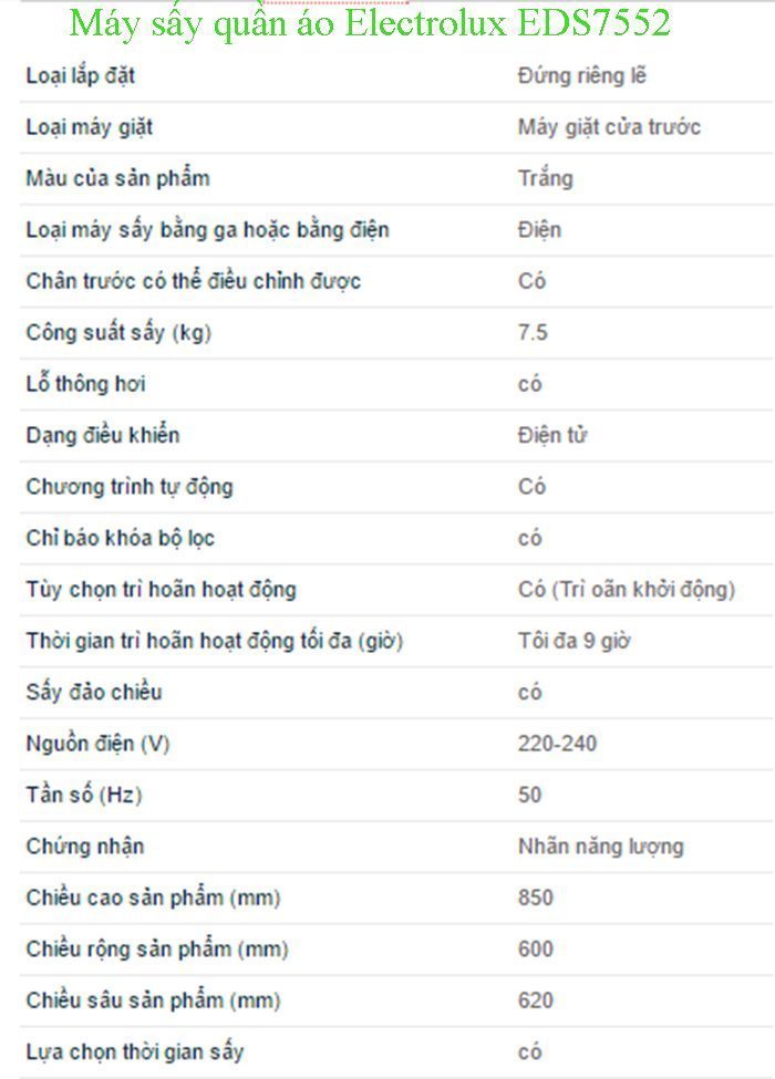 Máy sấy quần áo Electrolux EDS7552 - Hàng chính hãng
