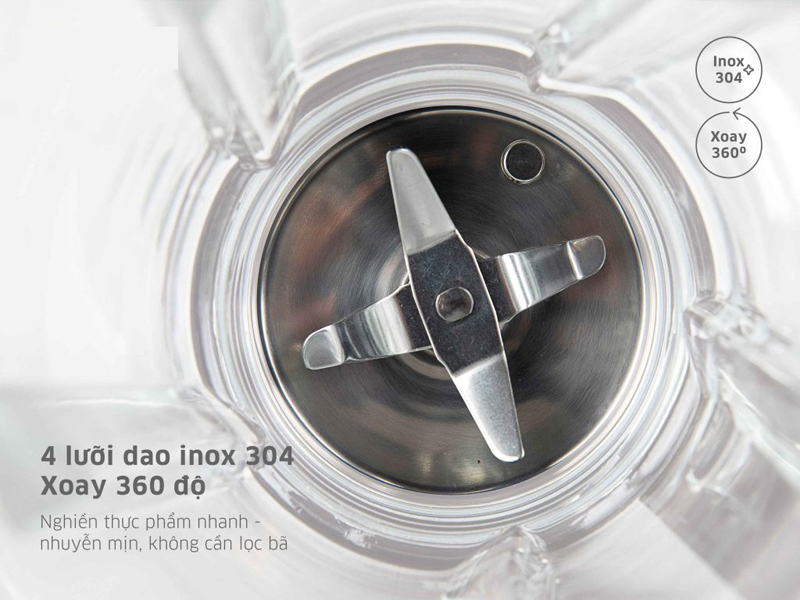 Máy được trang bị 4 lưỡi dao từ inox 304 cực kì sắc bén, không han gỉ, xay nhuyễn mịn các thực phẩm