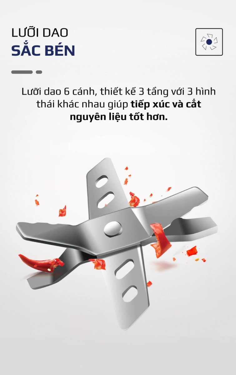Lưỡi dao 6 cạnh bằng thép chống gỉ sắc bén, siêu bền giúp nhanh chóng xay nhuyễn hoặc cắt thực phẩm 