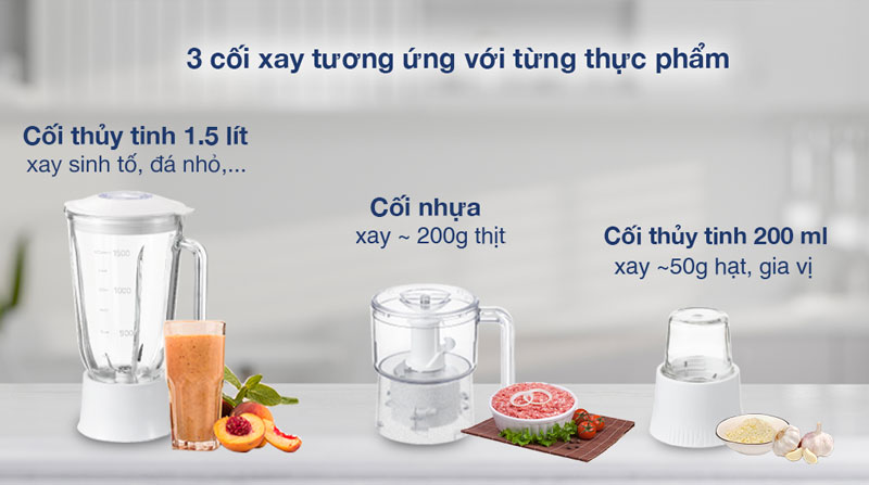 3 cối xay với dung tích khác nhau, bạn có thể xay nhiều loại thực phẩm khô và ướt