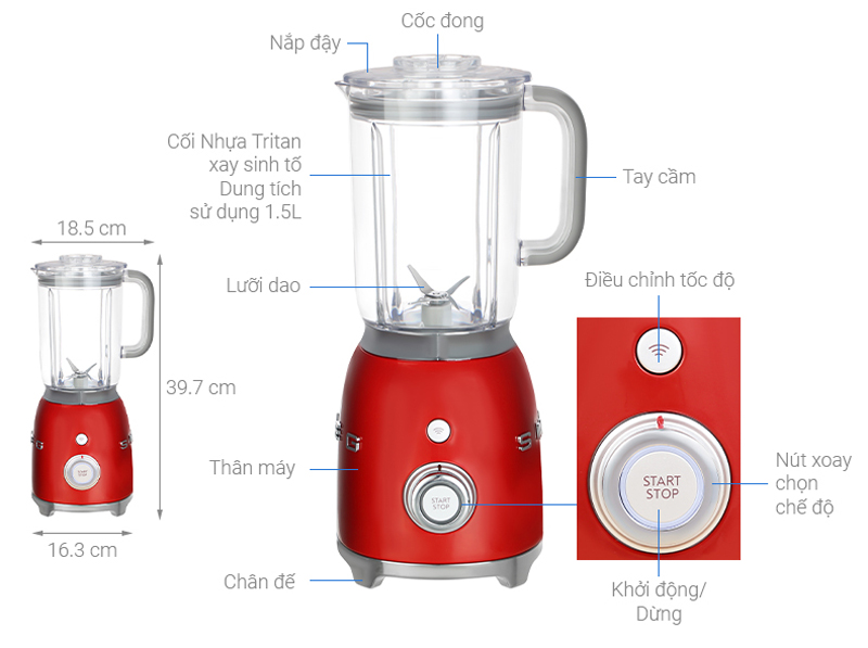 Máy xay sinh tố Smeg BLF01RDEU - Hàng chính hãng