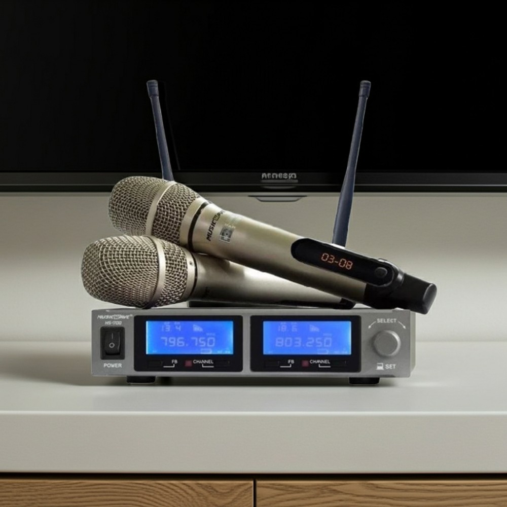 2 micro cầm tay độc lập, thuận tiện cho song ca hoặc tương tác nhóm.