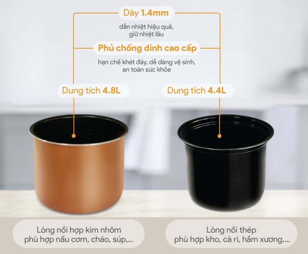 Có 2 lòng nồi được làm bằng thép không gỉ và hợp kim nhôm