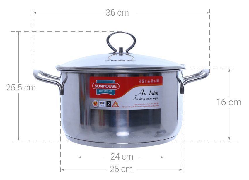Cấu tạo nồi inox 3 đáy Sunhouse SHG2416
