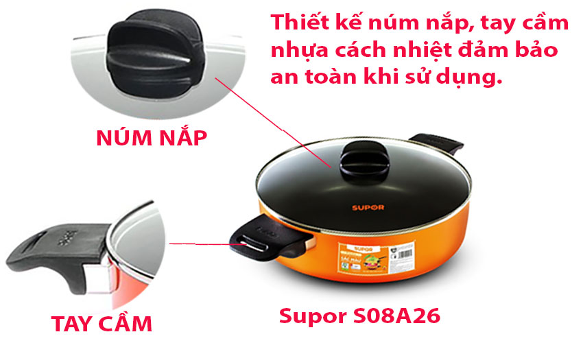 Thiết kế tay cầm của Nồi canh chống dính sắc màu Supor S08A26