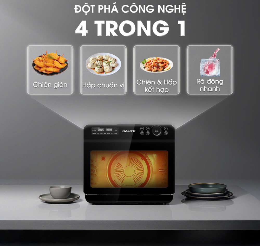 Nồi có 4 chức năng: Chiên, hấp, chiên-hấp kết hợp, rã đông
