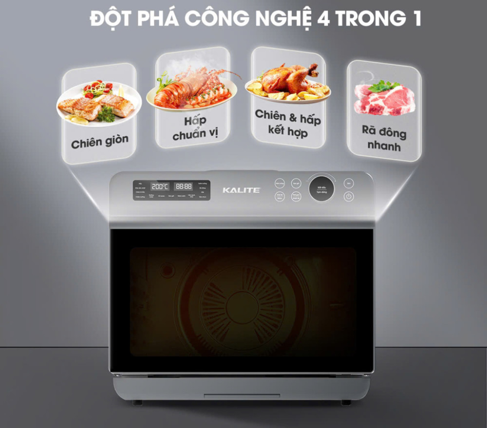 Nồi có 4 chức năng: Chiên, hấp, chiên-hấp kết hợp, rã đông