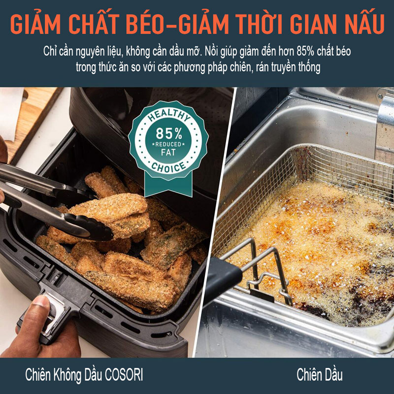 Nồi chiên không dầu Cosori CO158-AF giúp giảm 85% chất béo trong thức ăn