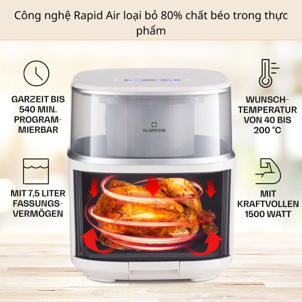 Nồi chiên không dầu kết hợp hấp hơi nước Klarstein AIR BLOOM - Hàng chính hãng
