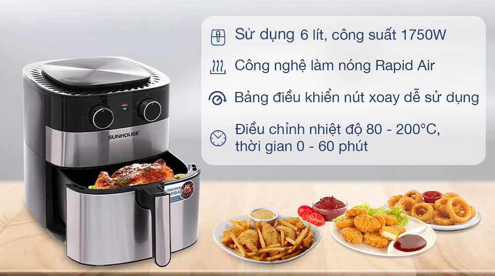 Nồi chiên không dầu Sunhouse SHD4026 6 lít - Hàng chính hãng