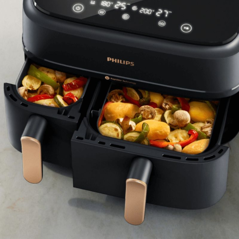 Thiết kế 2 ngăn riêng biệt chế biến cùng lúc 2 món chiên