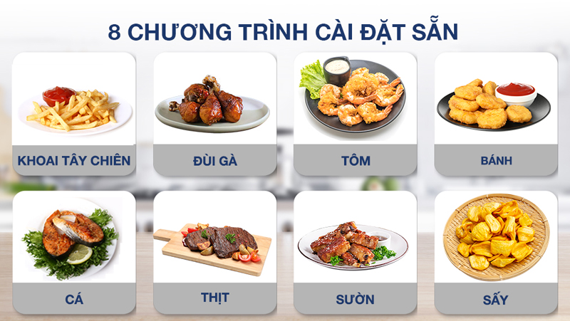 Nồi được tích hợp sẵn 8 chương trình, bạn chỉ cần cho thực phẩm và chọn biểu tượng thích hợp